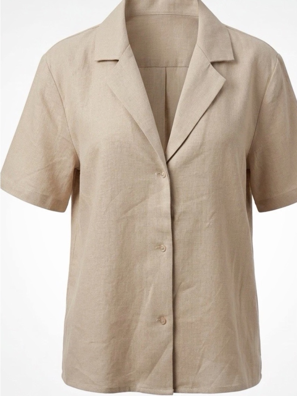 Cece Women’s Sz Large Beige Linen+ Button Up Boxy Collared Machine Wash Top